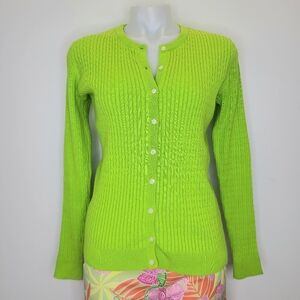 Lilly Pulitzer Vintage Y2K Cable Knit Lime Green Neon Cardigan Sweater Small